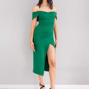 Vestido Midi Falda Cruzada Escote Bandeja Verde