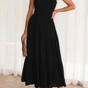 Alivia - Vestido midi asimétrico con hombros al descubierto y bolsillos