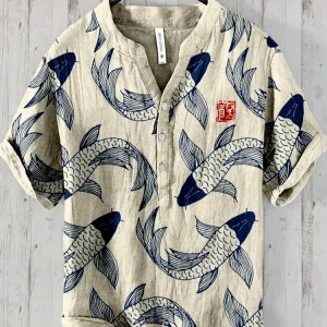 Ludo | Camisa de lino vintage con arte de peces