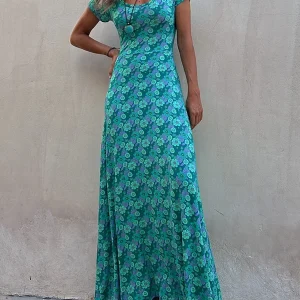 Azariah - Elástico de manga corta Diseño floral Diseño hueco Cuello en U reversible Maxivestido