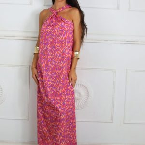 LS5649 Vestido Estampado Nudo Cuello