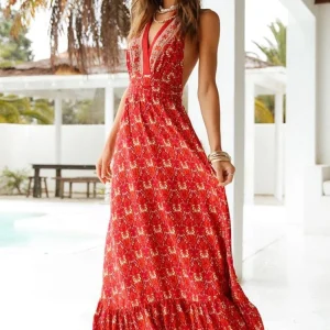 Wynne - Vestido largo Maia Dwarf, vestido boho, vestido de verano, vestido halter en rosa y rojo