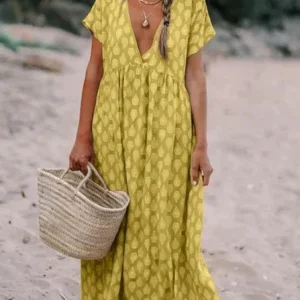 Alayna - Vestido casual en tejido estampado con escote en V y manga larga