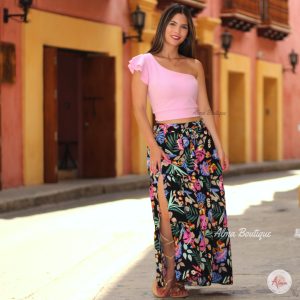 LS2525 Falda larga flor rosada