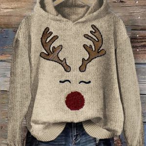 Elisa | Sweat | Capuche En Tricot Confortable Avec Broderie De Visage De Renne De Noël