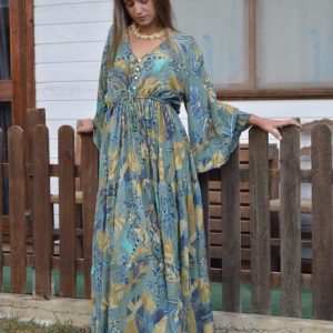 Maxi Vestido Azul Plumas